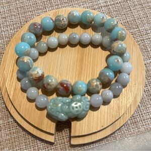 Authentic Ocean Jasper & Jadeite Pixiu Beaded Bracelet Set